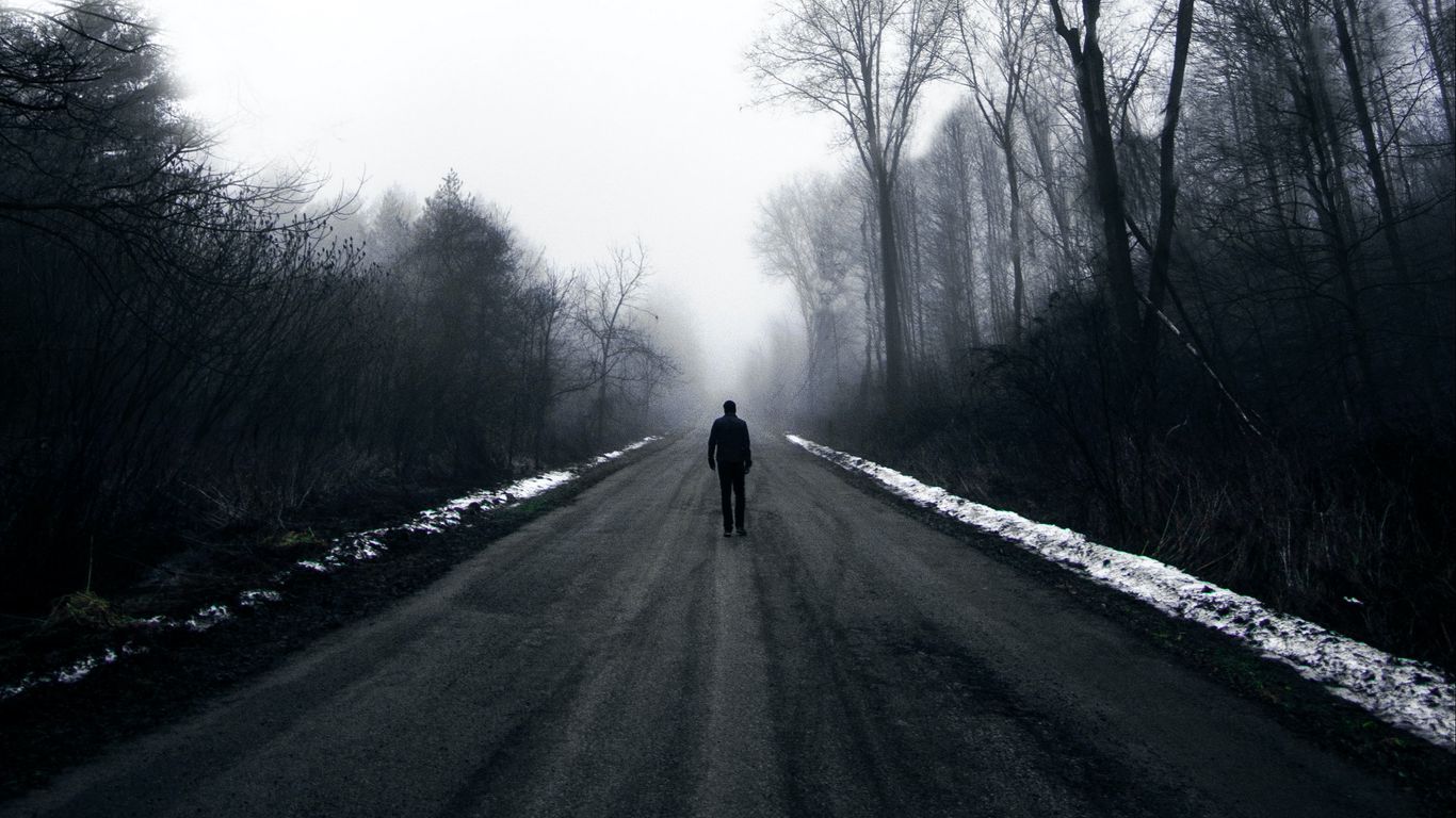 1366x768 Download wallpaper 1366x768 silhouette, alone, sad, road, black and white tablet, laptop HD background