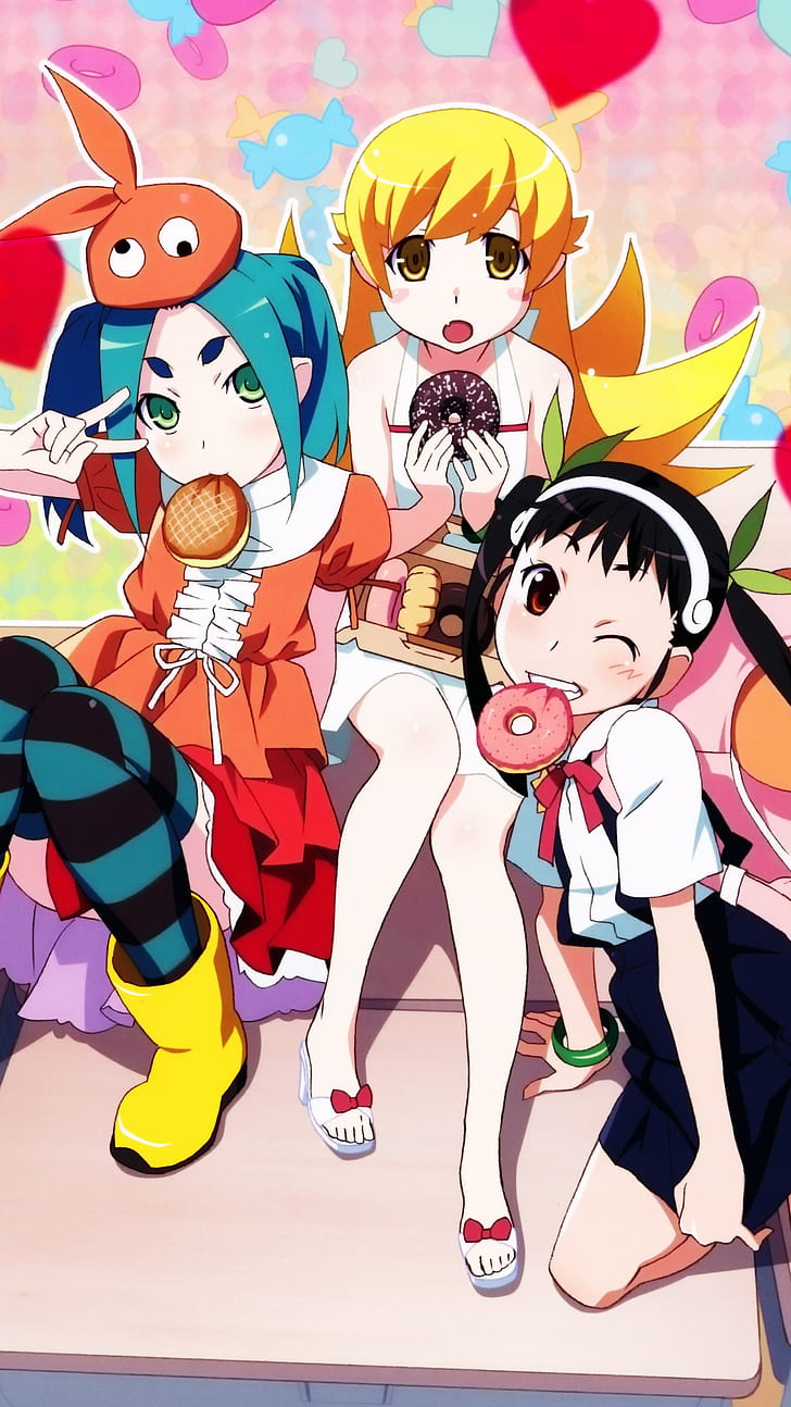 728x1294 HD wallpaper: Hachikuji Mayoi, Monogatari Series, Ononoki Yotsugi, Oshino Shinobu