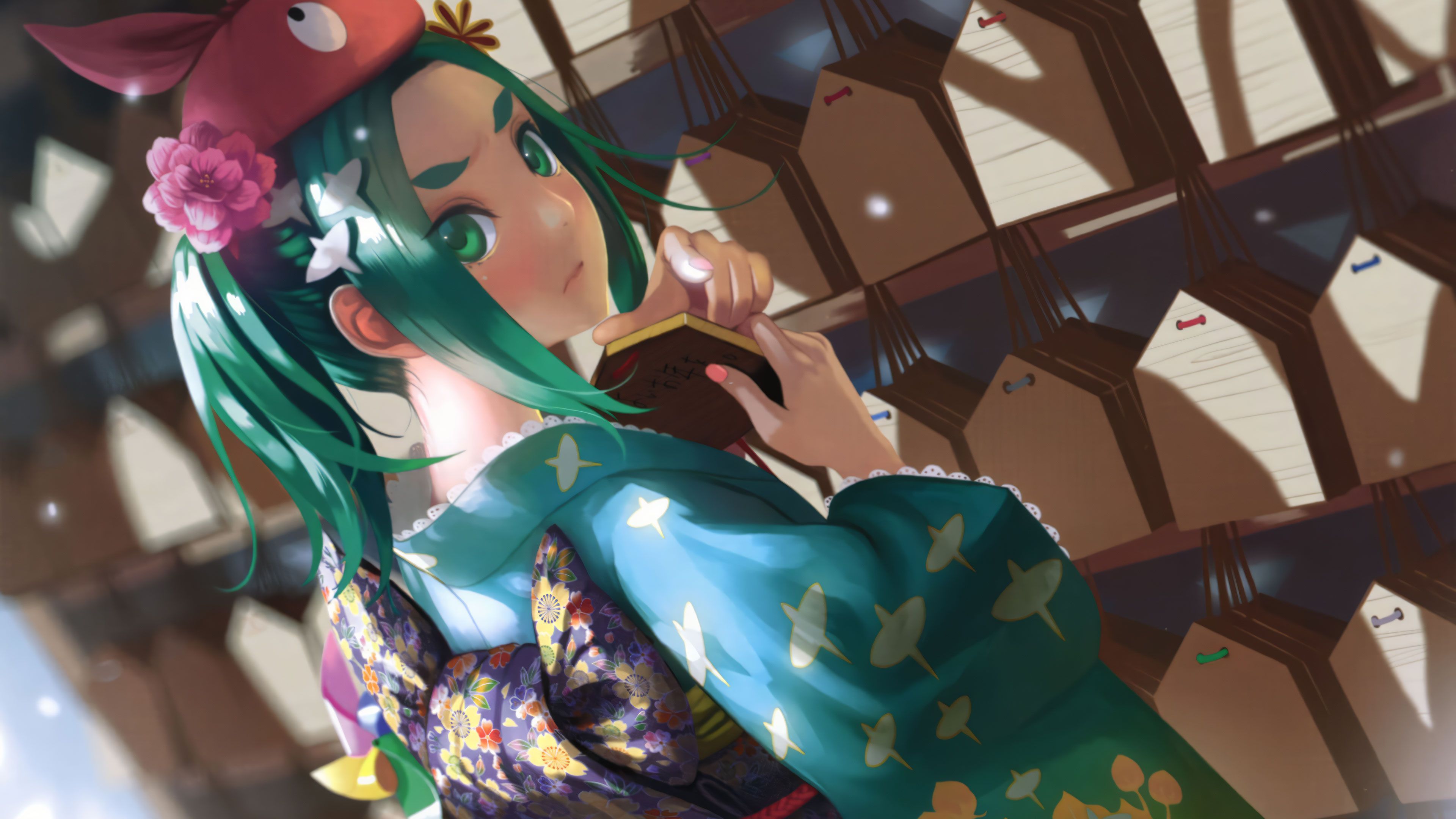 3840x2160 vofan, green eyes, green hair, standing, looking at viewer, closed mouth, short hair, Monogatari Series, Ononoki Yotsugi, blushing, Japanese clothes, yukata, traditional clothing, flowers, anime, colorful, anime girls, kimonox2160 Wallpaper
