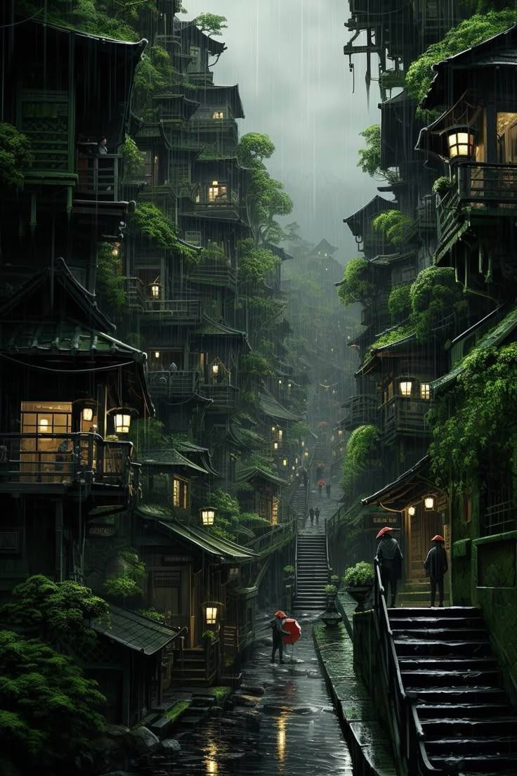 736x1104 Rainy Alleyway Illustration. Mystical rainy villages, Dark green city, Village hidden in the rain