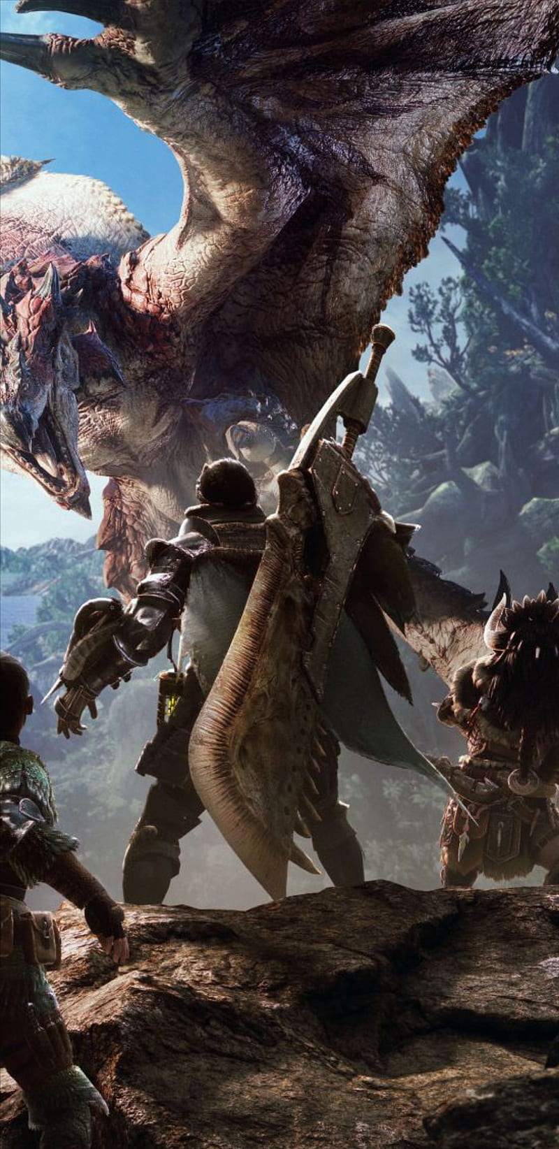 800x1644 Monster Hunter World, blue, dragon, games, red, sky, sword, HD phone wallpaper