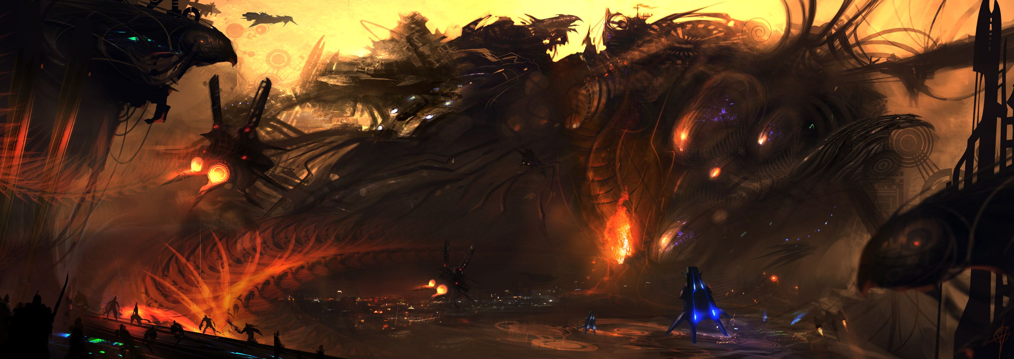 3389x1200 Alien Inferno: Dark Sci Fi Spaceship In Fiery Space Battle Wallpaperx1200