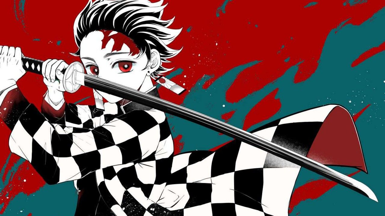 1280x720 Sword Guy Red Green Background HD Demon Slayer Kimetsu No Yaiba Wallpaper