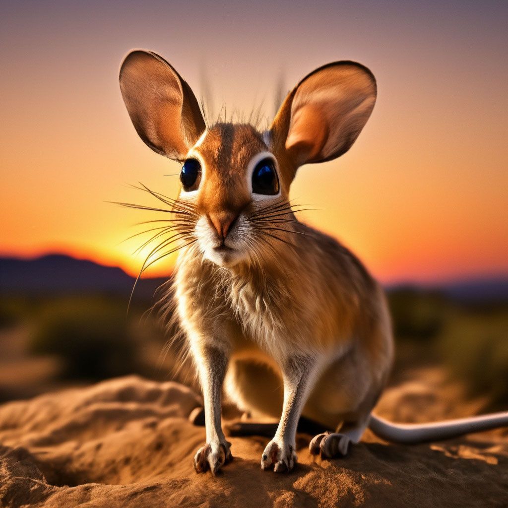 1024x1024 Jerboa on the background of the sunset sun, desert, aesthetically pleasing, photo landscape, hyperrealism, real photo