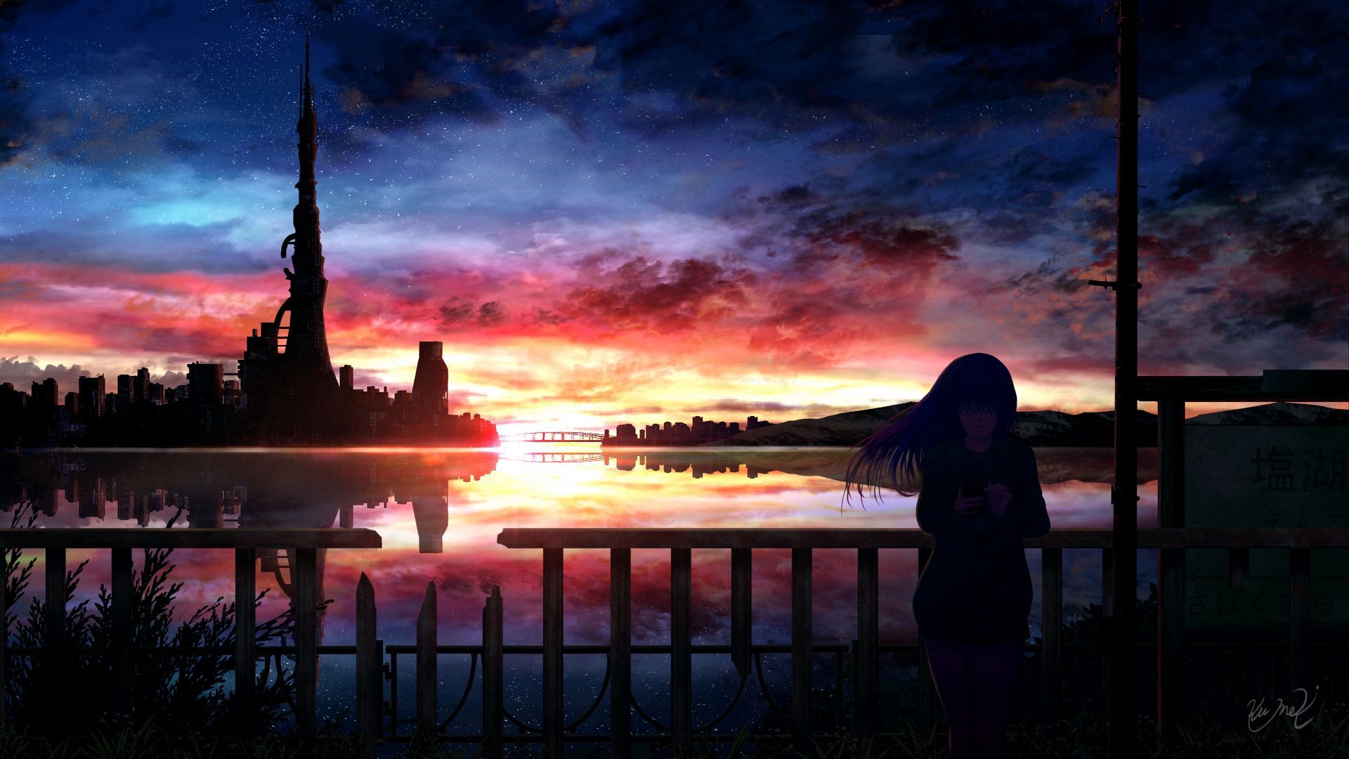 1920x1080 Download wallpaper 1920x1080 silhouette, night, starry sky, girl, anime full hd, hdtv, fhd, 1080p HD background