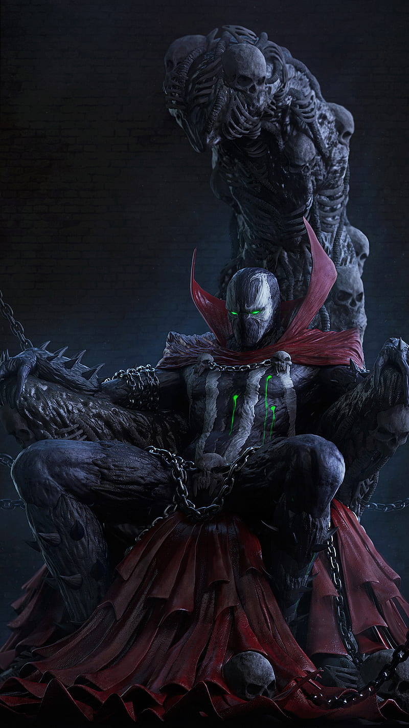 800x1422 Portrait display, digital art, Spawn, throne, skull, bones, chains, comics, Todd McFarlane, HD phone wallpaper