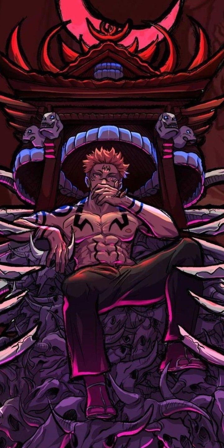 720x1440 Sukuna sitting on top of skull and bones throne in his domain fanart jujutsu kaisen wallpaper