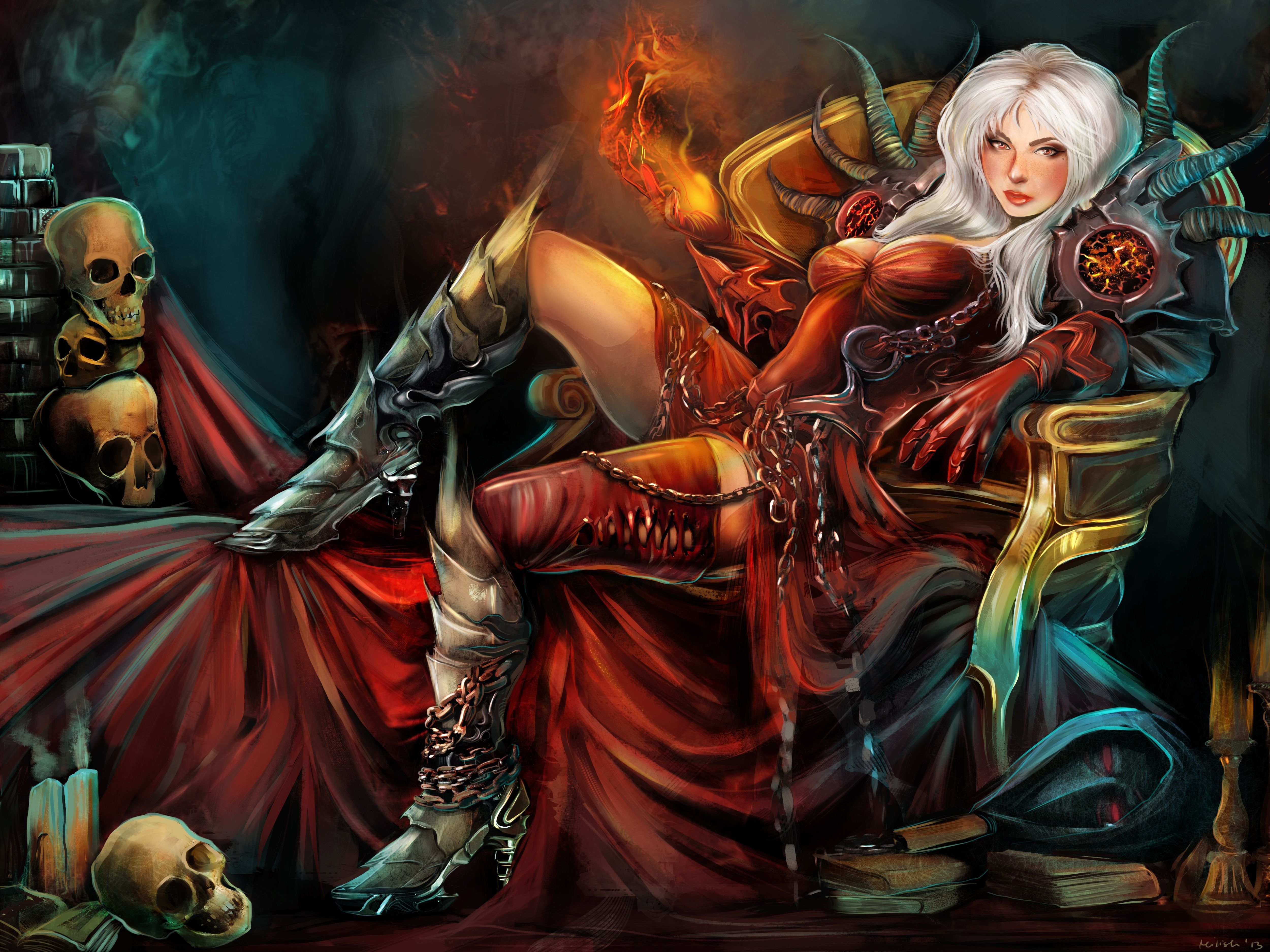5000x3750 gothic, Magic, Skull, Warrior, Armor, Throne, Wearing, Boots, Fantasy, Girls Wallpaper HD / Desktop and Mobile Background