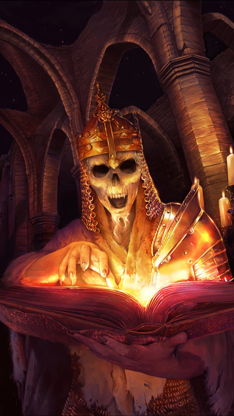 800x1422 The king, book, candle, magic, skull, HD phone wallpaper