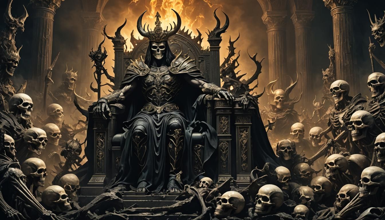 1344x768 God of Underworld Hades sitting on a throne made of bones, skeletons and skulls, Democratic Beasts of Greek Mythology, dark moody watercolo
