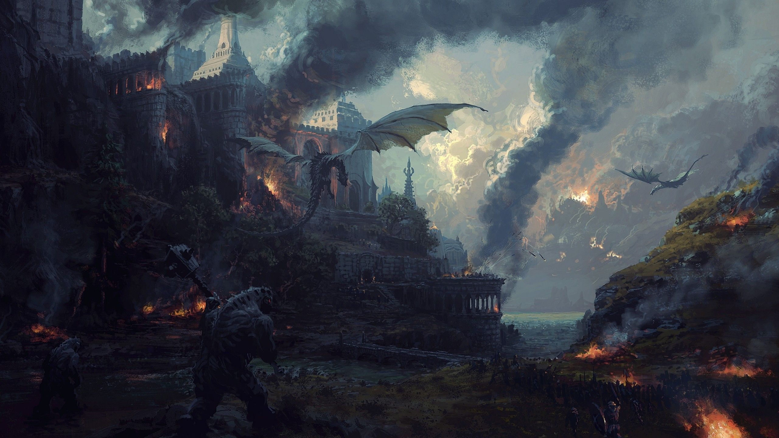 2560x1440 Desktop wallpaper: Fantasy, Battle, Castle, Dragon 4K free download for PC. 998901