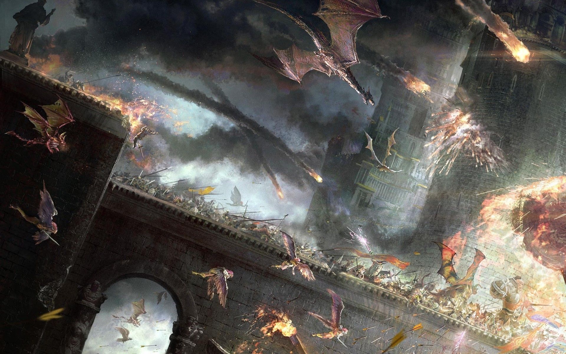 1920x1200 Desktop wallpaper: War, Fantasy, Battle, Angel, Castle, Dragon, Siege 4K free download for PC. 549494