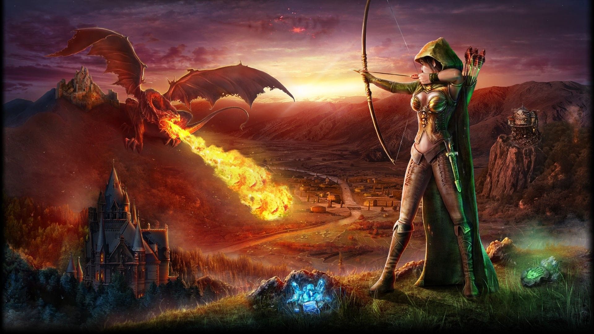 1920x1080 Fire dragon, Archer, Artwork, War, Armor, Fire, Castle, Fantasy art, Video games Wallpaper HD / Desktop and Mobile Background