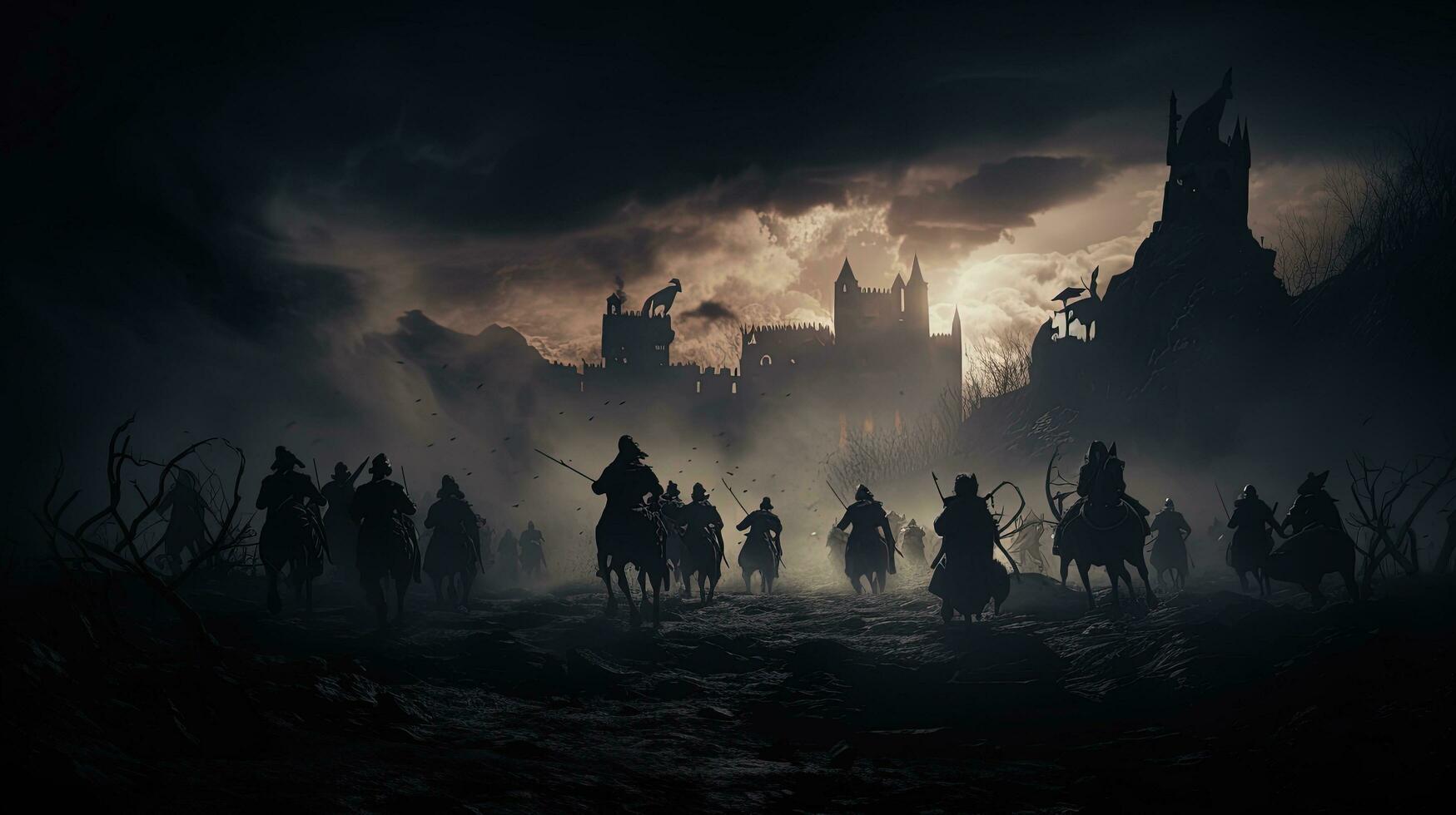 1749x980 Warriors in medieval battle scene fighting in silhouette against a foggy background with castle