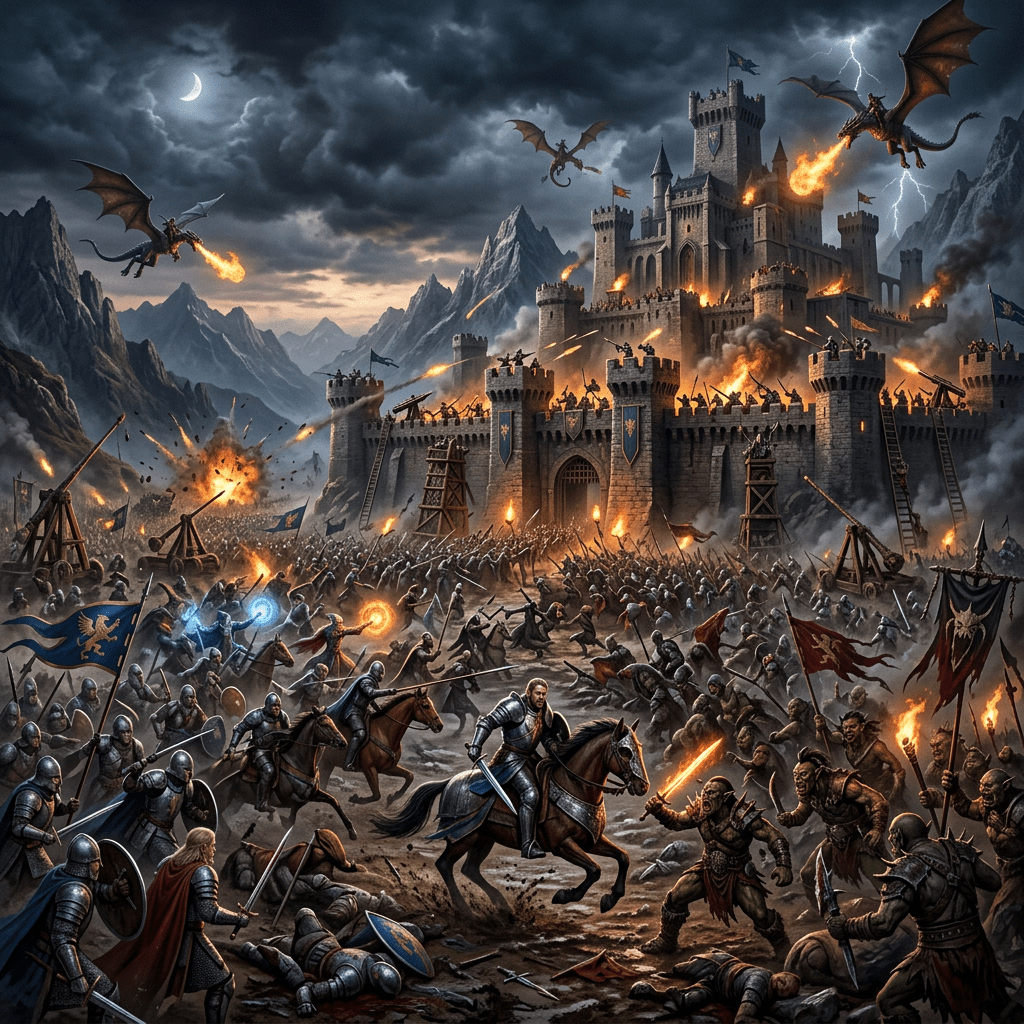 1024x1024 Epic Fantasy Battle Wallpaper In 4K Resolution. AI Art Generator. Easy Peasy.AI