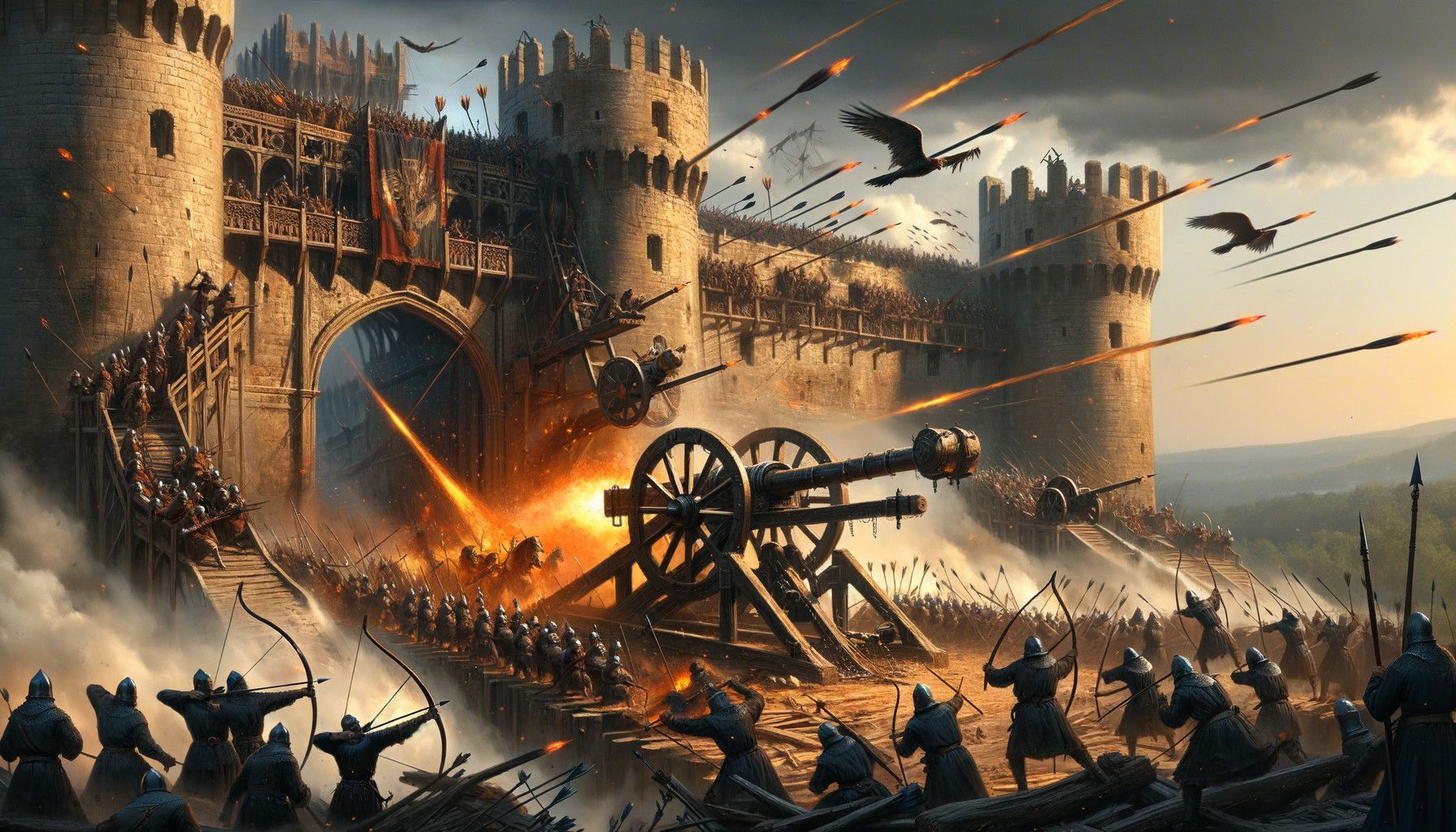 1792x1024 Medieval Castle Under Siege with Cannons and Archers. Deep Dream Generator