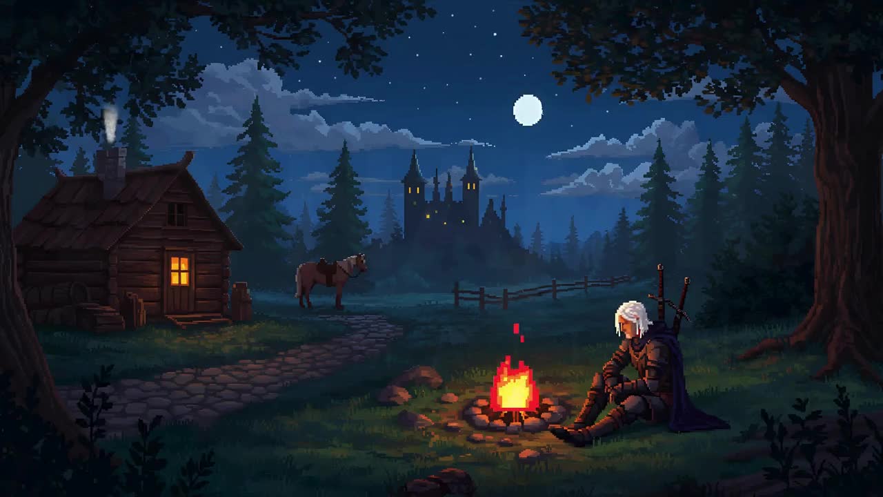 1280x720 Animated Background. Moonlit Medieval Campfire with Knight and Horse. Cozy Fantasy Night Ambience. MP4 Digital Download