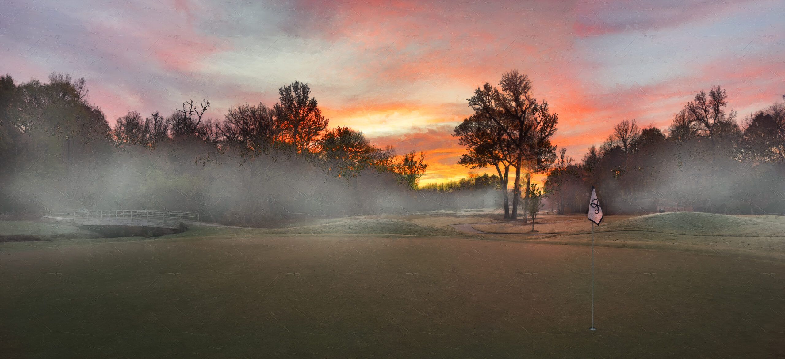 2560x1173 Fine Art Golf at River Run Country Club Davidson North Carolina holes seven eight and nine sunrise x 24 glossy print shipped in a sealed tube