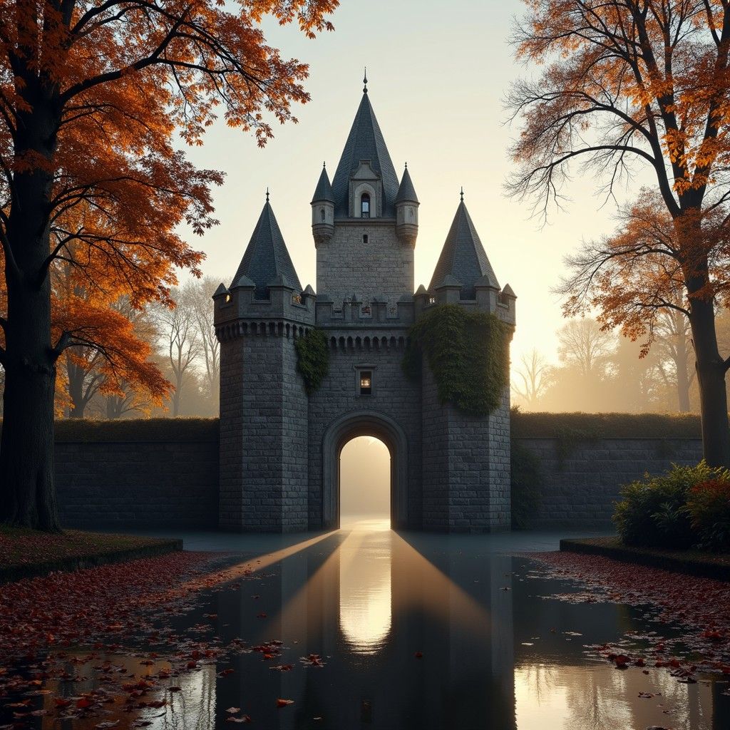 1024x1024 Free Misty Castle Gateway Image, Medieval, Autumn