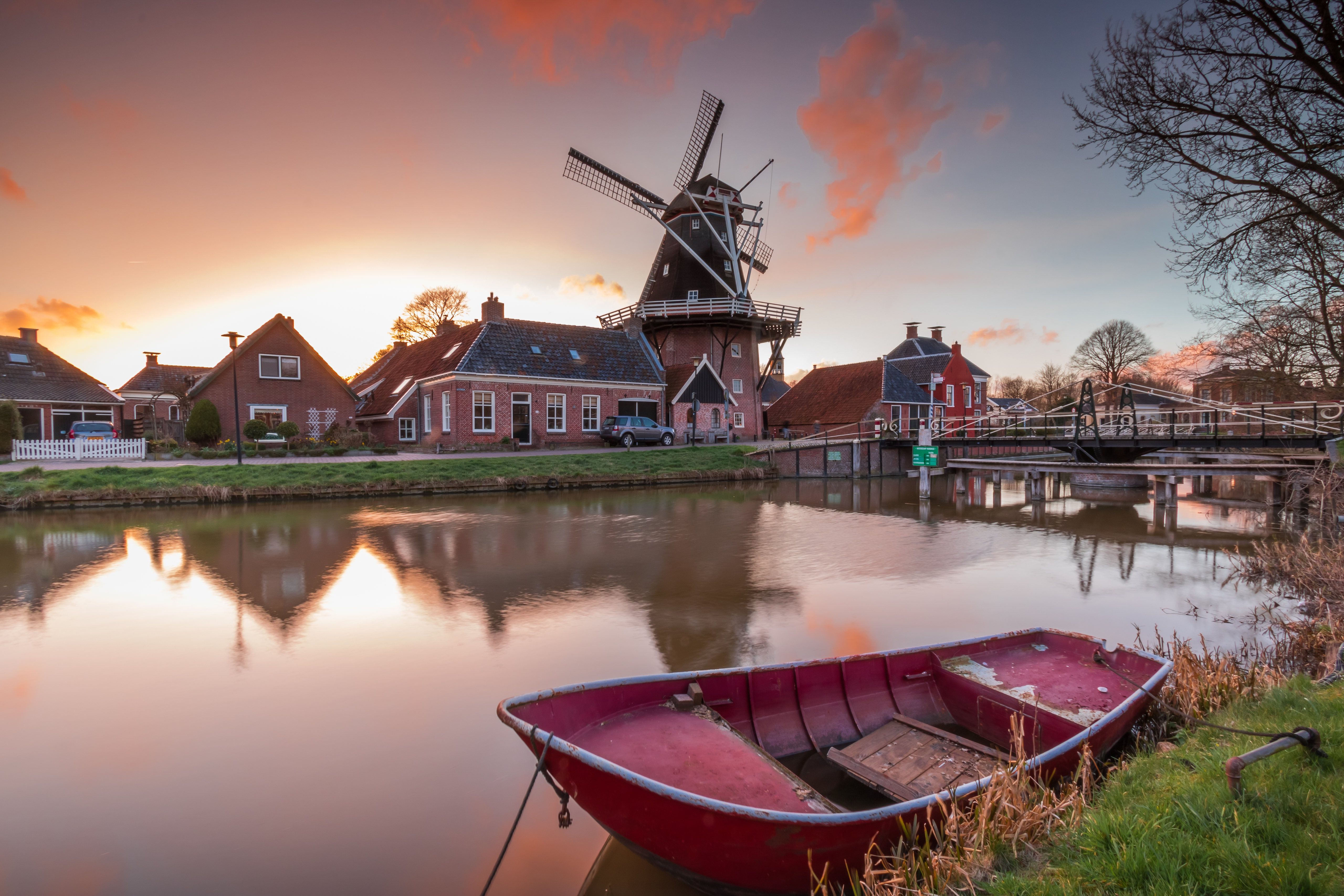 5120x3413 Phone wallpaper: Man Made, Windmill, Boat, Bridge, Groningen, Netherlands, River 988900