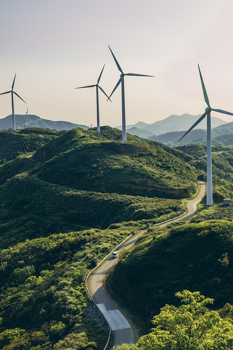 800x1200 Wind turbine, structure, sky, road, winding, HD phone wallpaper