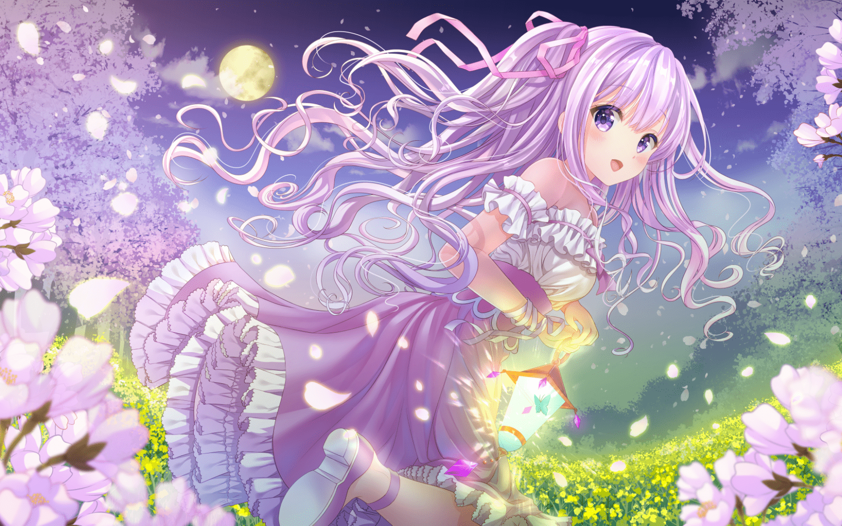 1680x1050 Download 1680x1050 Anime Girl, Purple Hair, Moon, Petals, Blossom