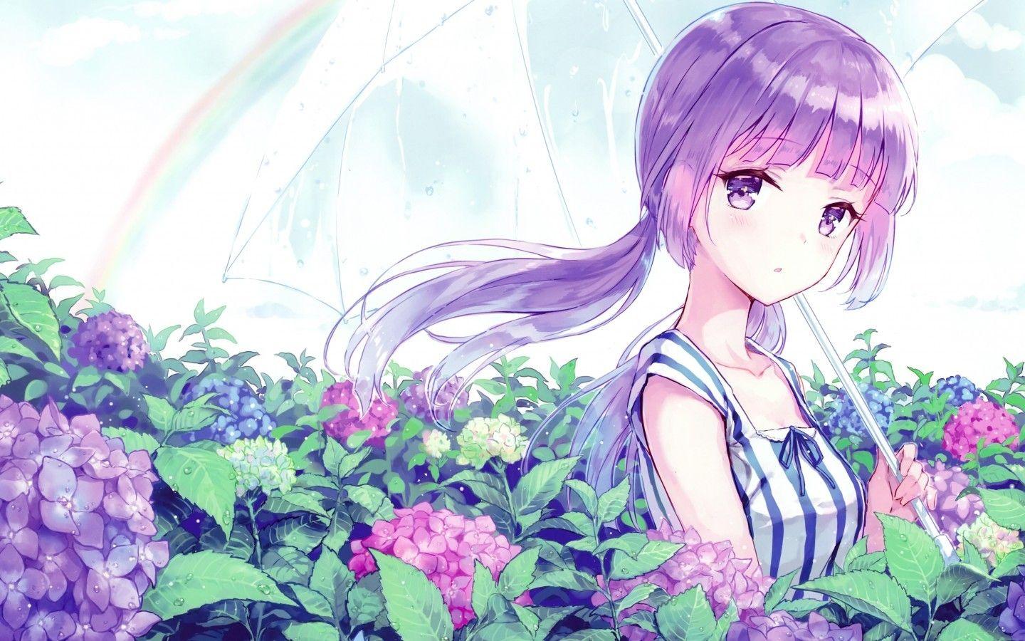 1440x900 Download 1440x900 Anime Girl, Purple Hair, Flowers, Umbrella