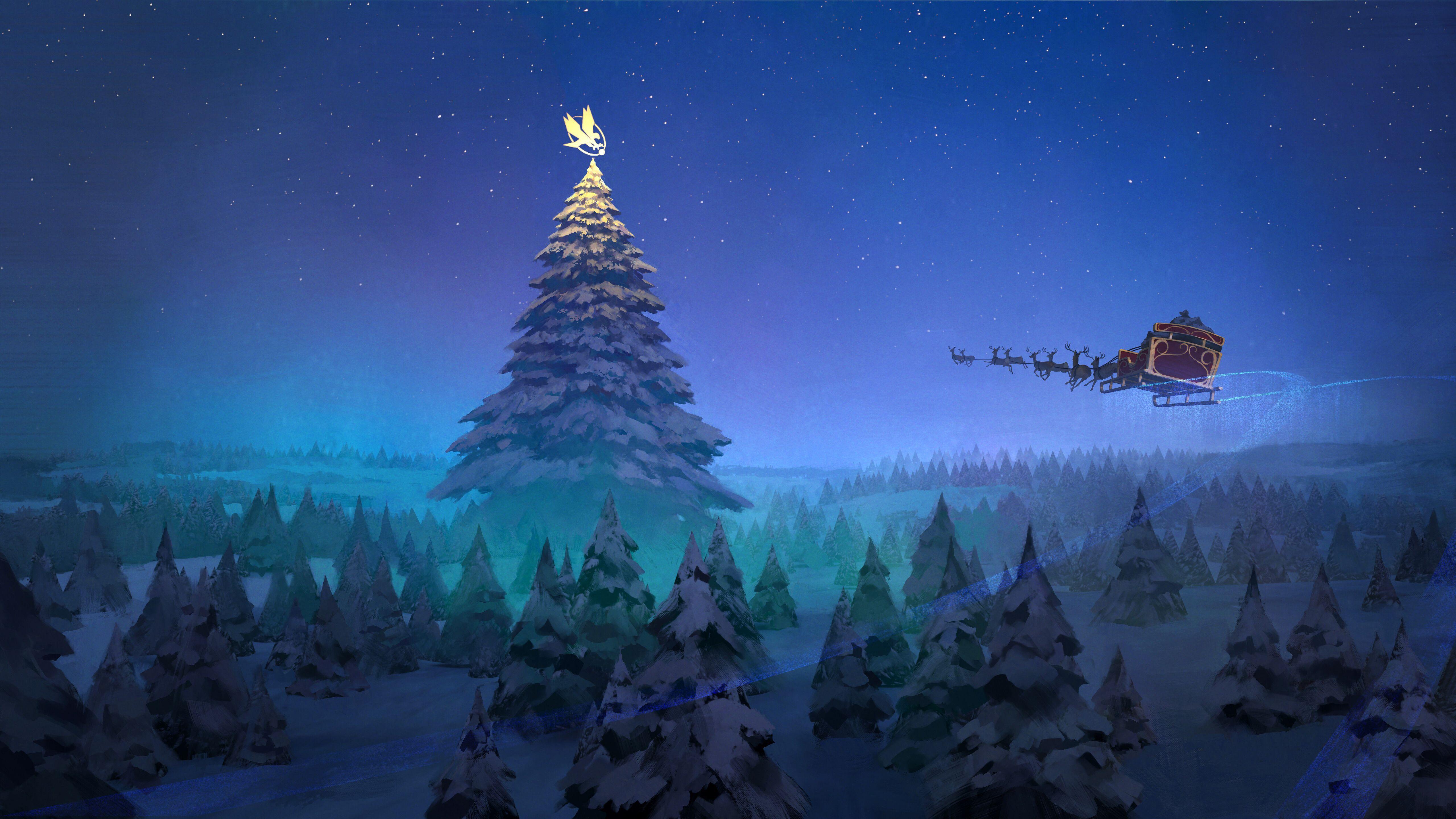 5120x2880 Santa Claus Reindeer Sleigh Flying Christmas Tree 8k 5k