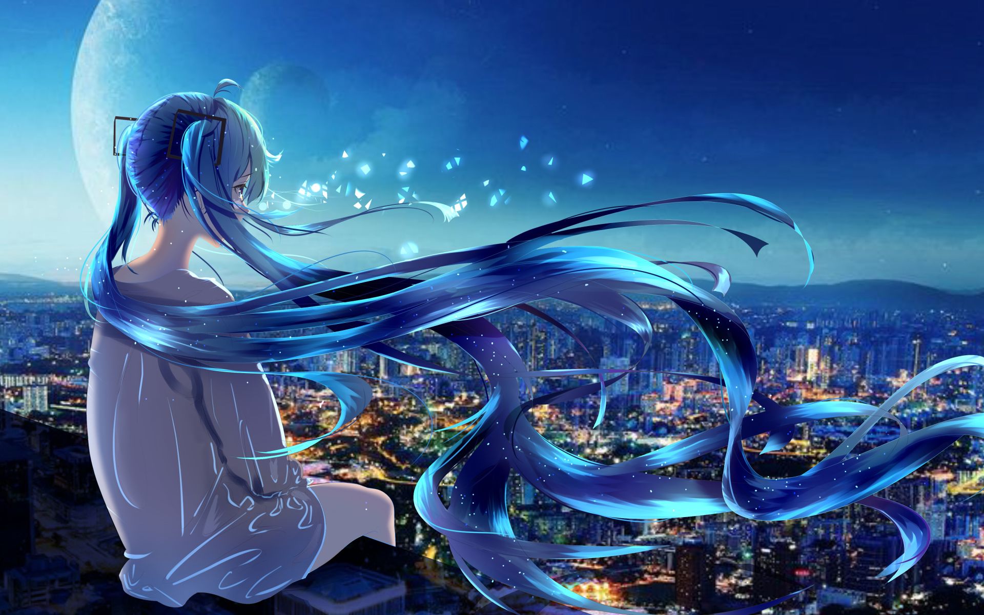 1920x1200 Anime girl with long blue hair sitting on the roof Desktop wallpaper 1920x1200