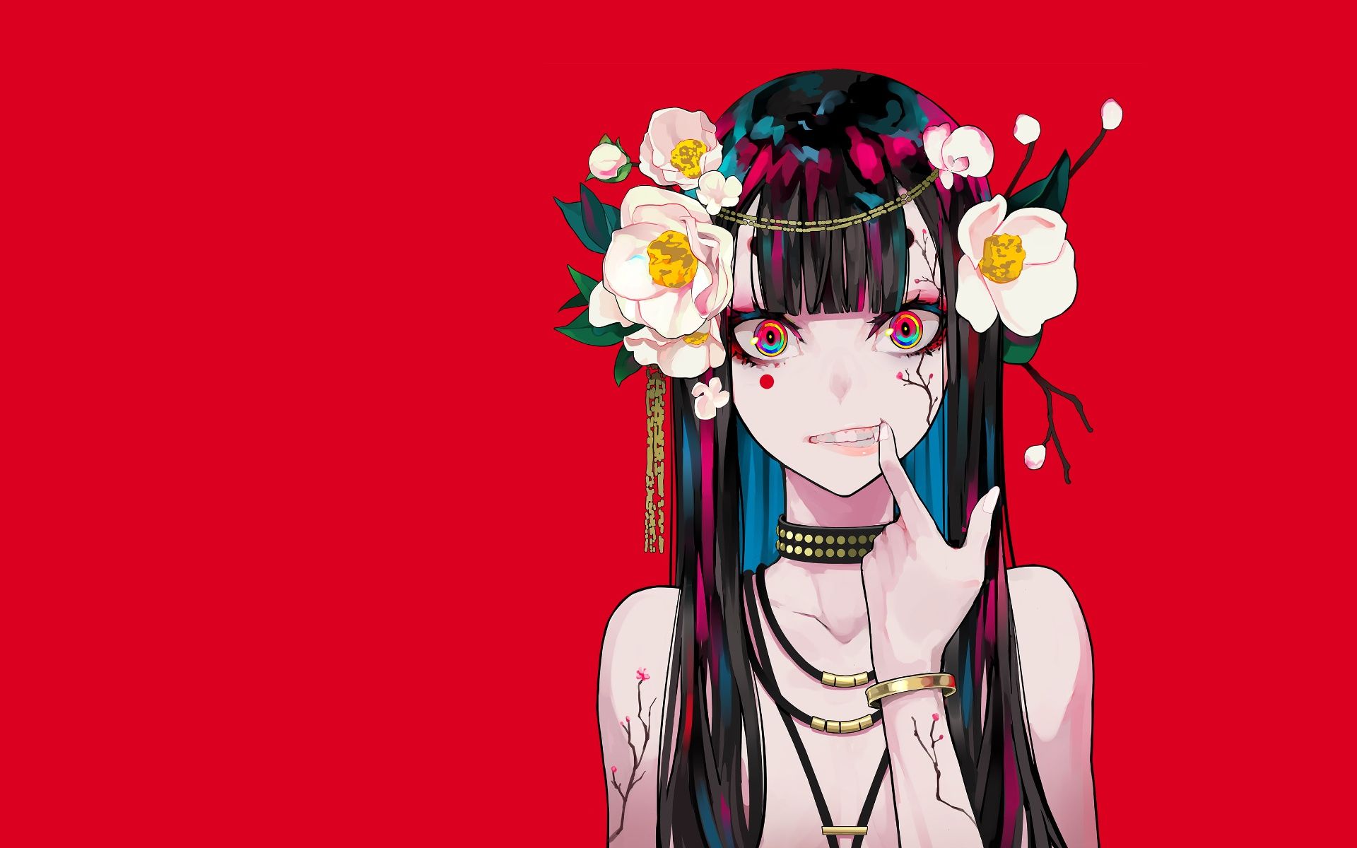 1920x1200 Wallpaper decoration, flowers, anime, brunette, gesture, red background, cute girl for mobile and desktop, section арт, resolution 1920x1200