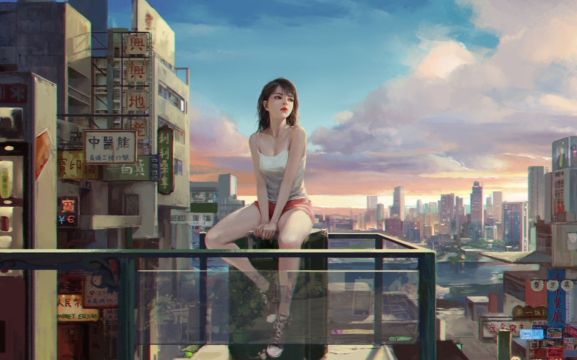 1920x1200 Sad anime girl sitting on the balcony Desktop wallpaper 1920x1200