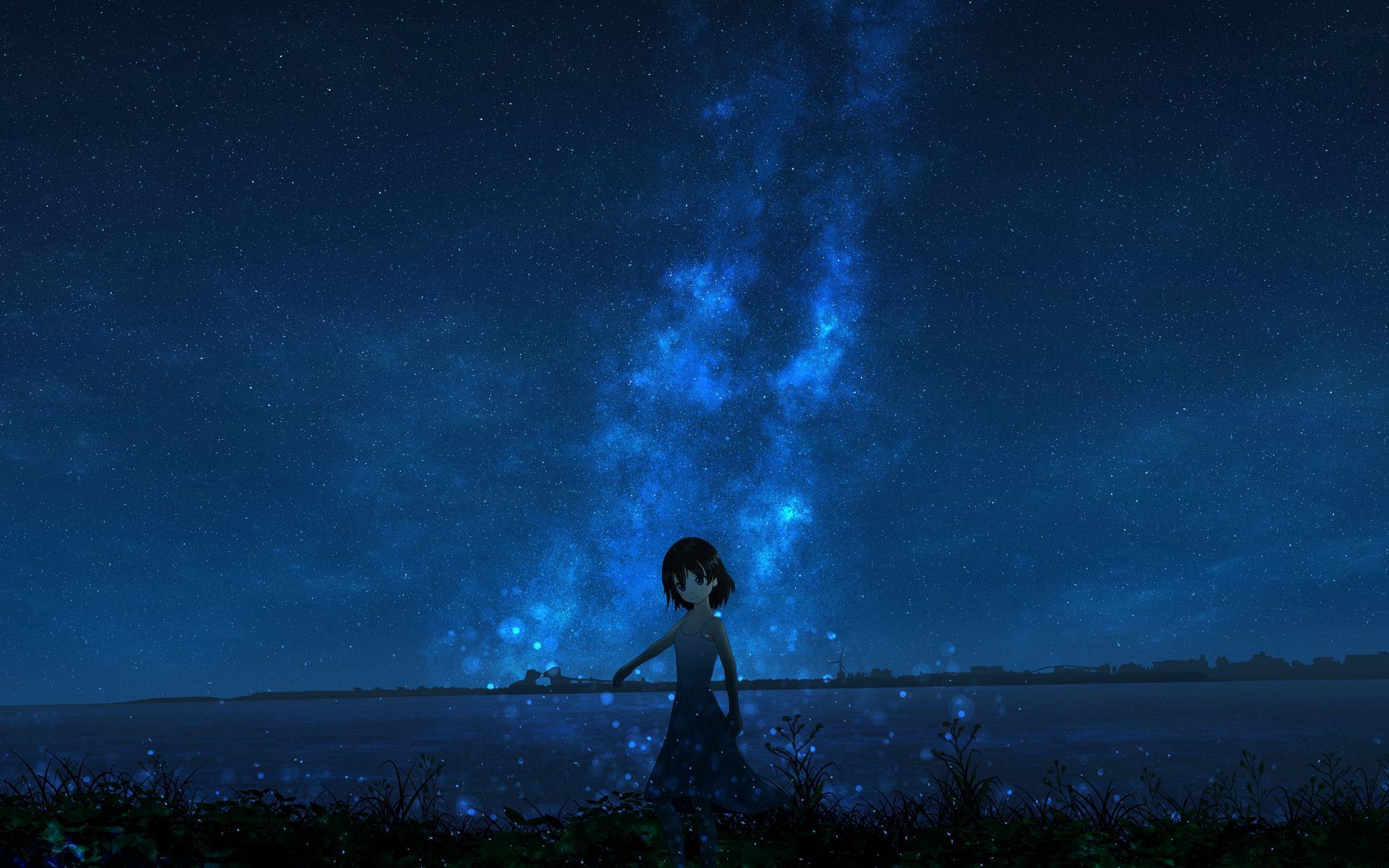 1920x1200 Download wallpaper 1920x1200 girl, night, starry sky, anime widescreen 16:10 HD background