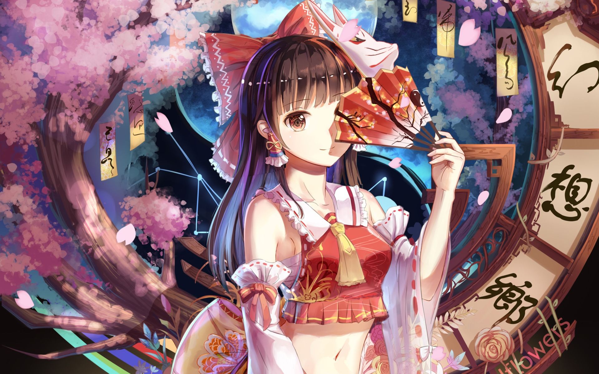 1920x1200 Anime girl Reimu Khakurei with fan in hand Desktop wallpaper 1920x1200