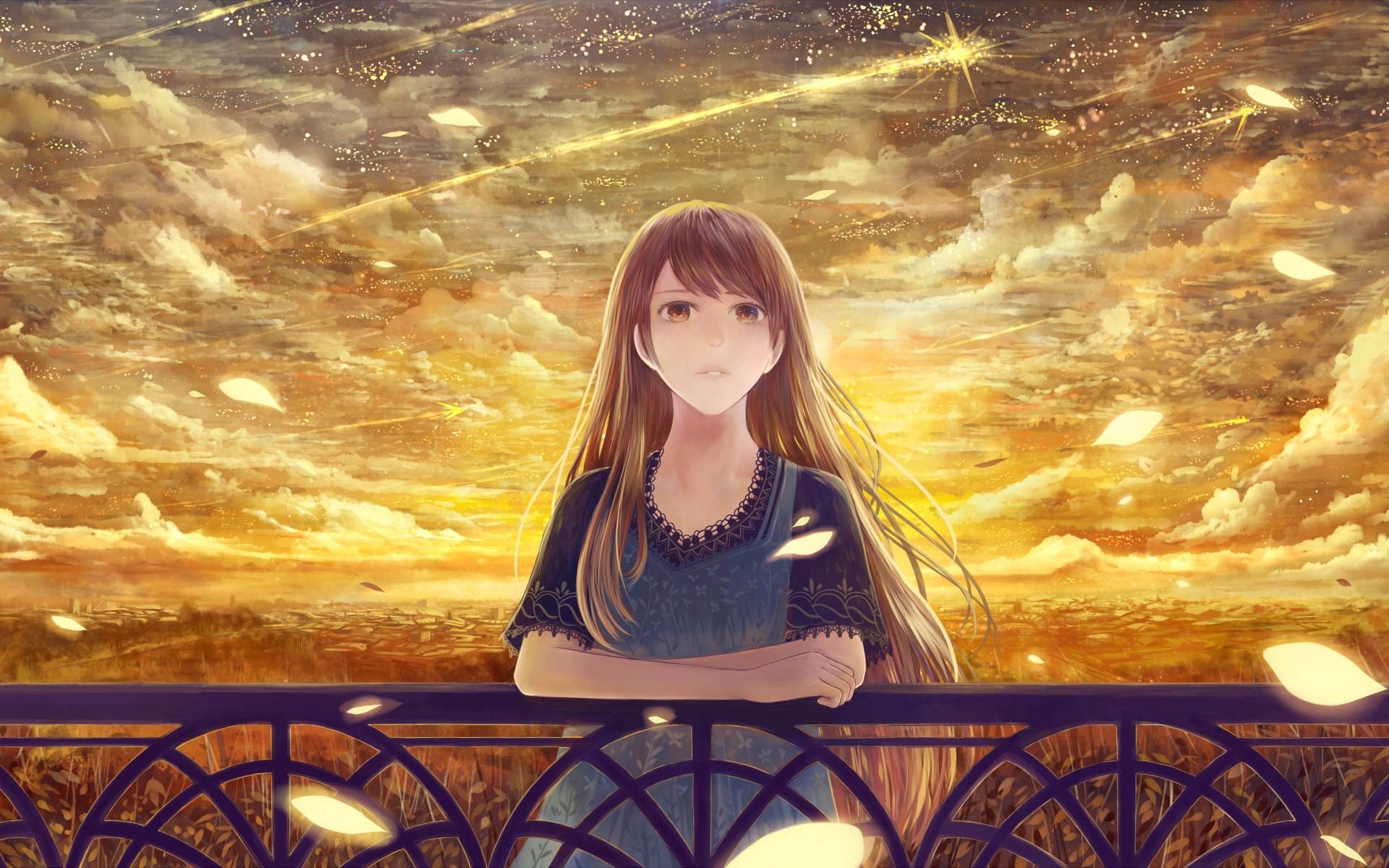 1920x1200 Wallpaper Long hair anime girl, sky, clouds, golden autumn 1920x1200 Picture, Image