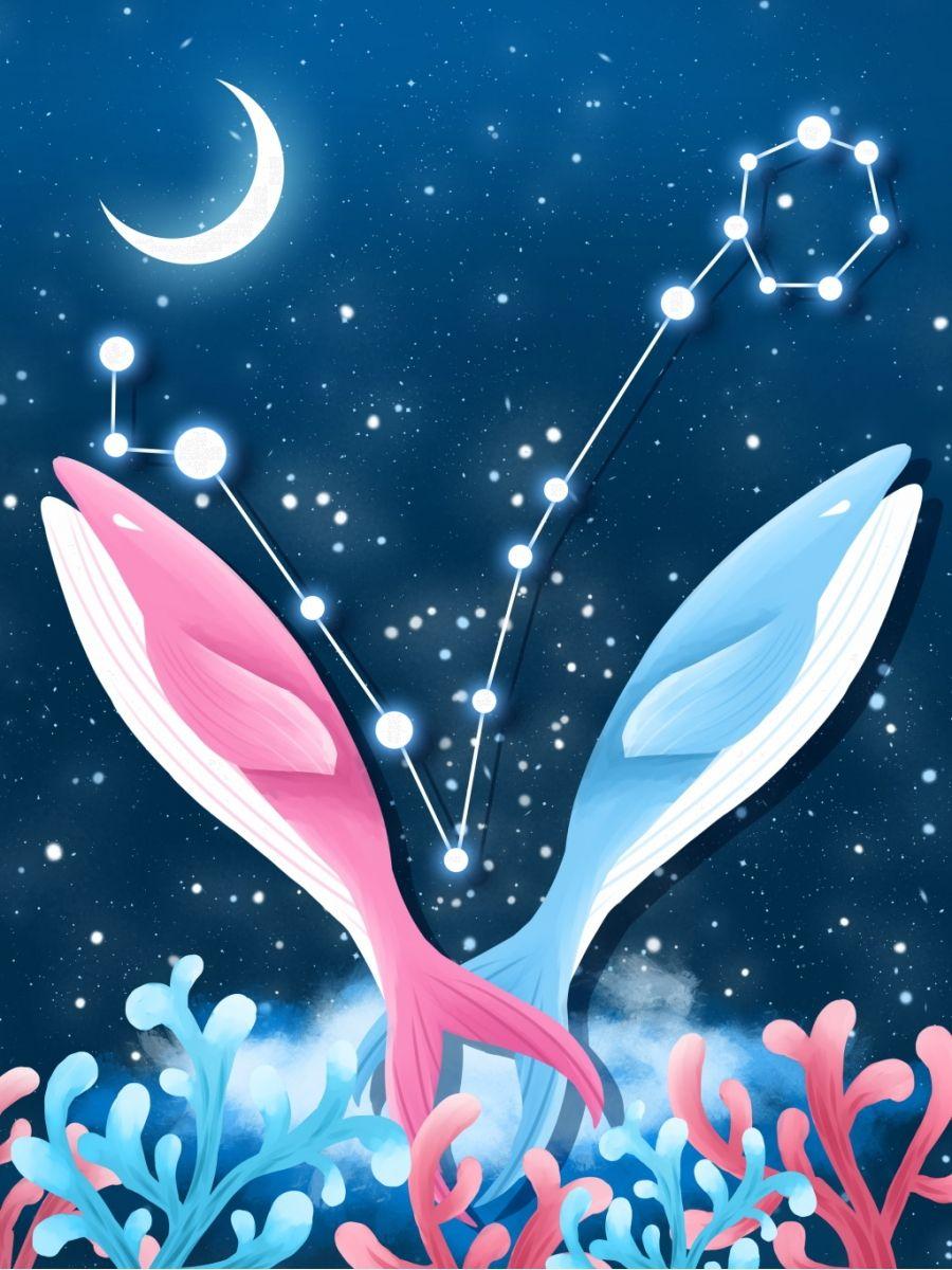 900x1200 Romantic Blue Pisces Zodiac Sign Illustration Background, Romantic
