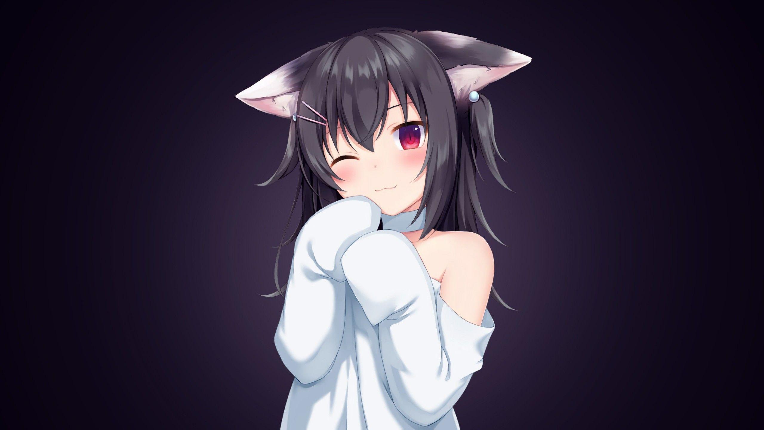 2560x1440 Hình nền Mèo đen, Cô gái trong anime, 4K, Anime / Editor