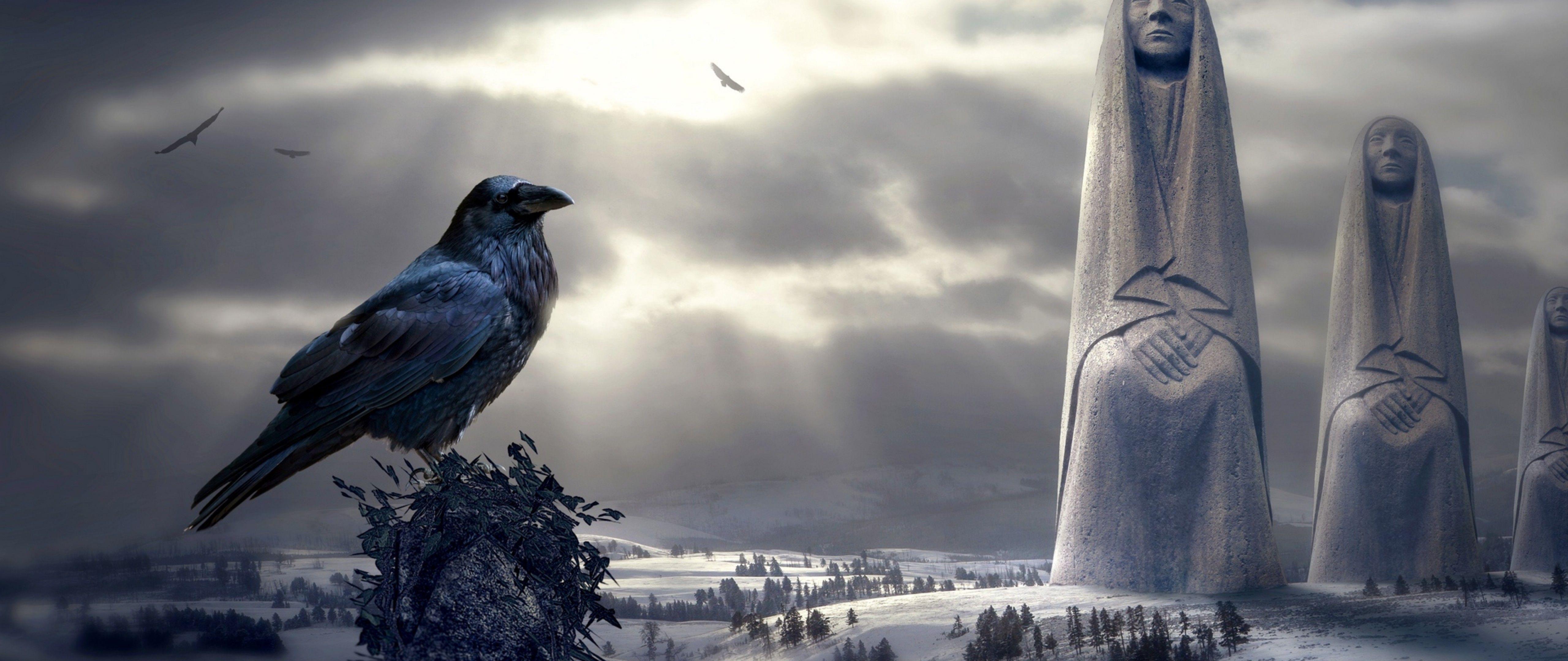 5120x2160 Bird starring at mystical sculptures HD Wallpaper 4K Ultra HD Wide
