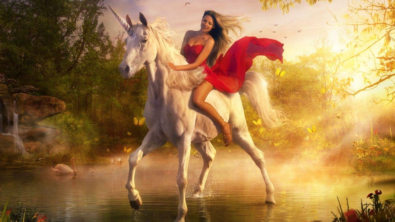 1366x768 Woman on unicorn desktop PC and Mac wallpaper