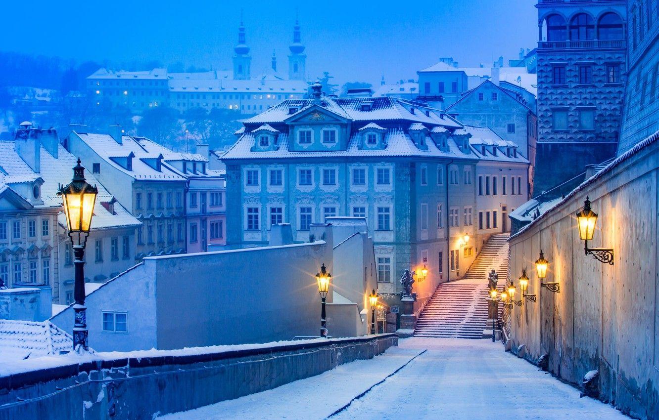 1332x850 Wallpaper winter, light, snow, the city, street, home, Prague