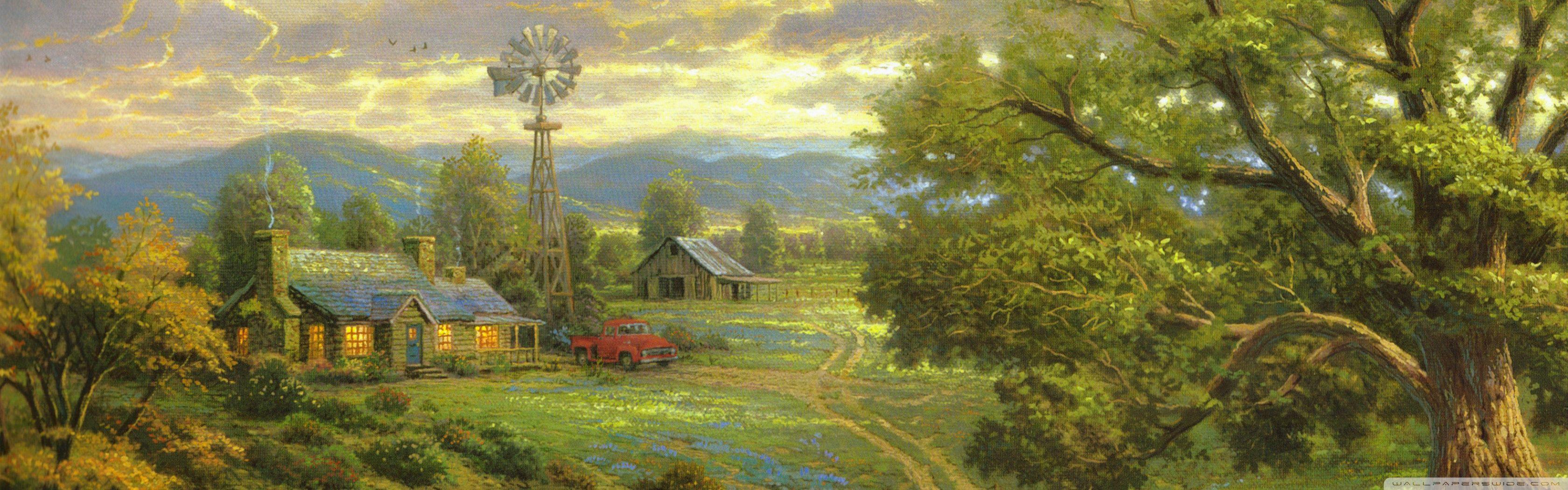 3360x1050 Country Living by Thomas Kinkade Ultra HD Desktop Background