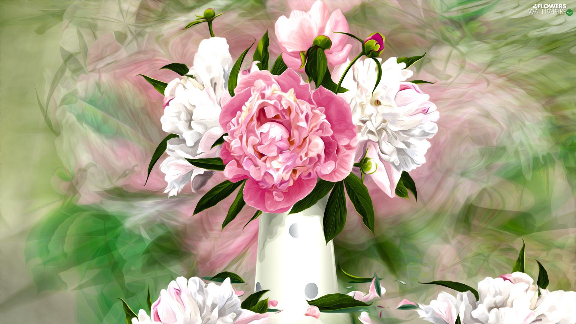 1920x1080 Peonies, graphics, Vase, bouquet, Flowers wallpaper