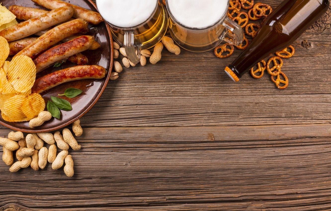 1332x850 Wallpaper foam, glass, bottle, sausage, beer, nuts, nuts, beer