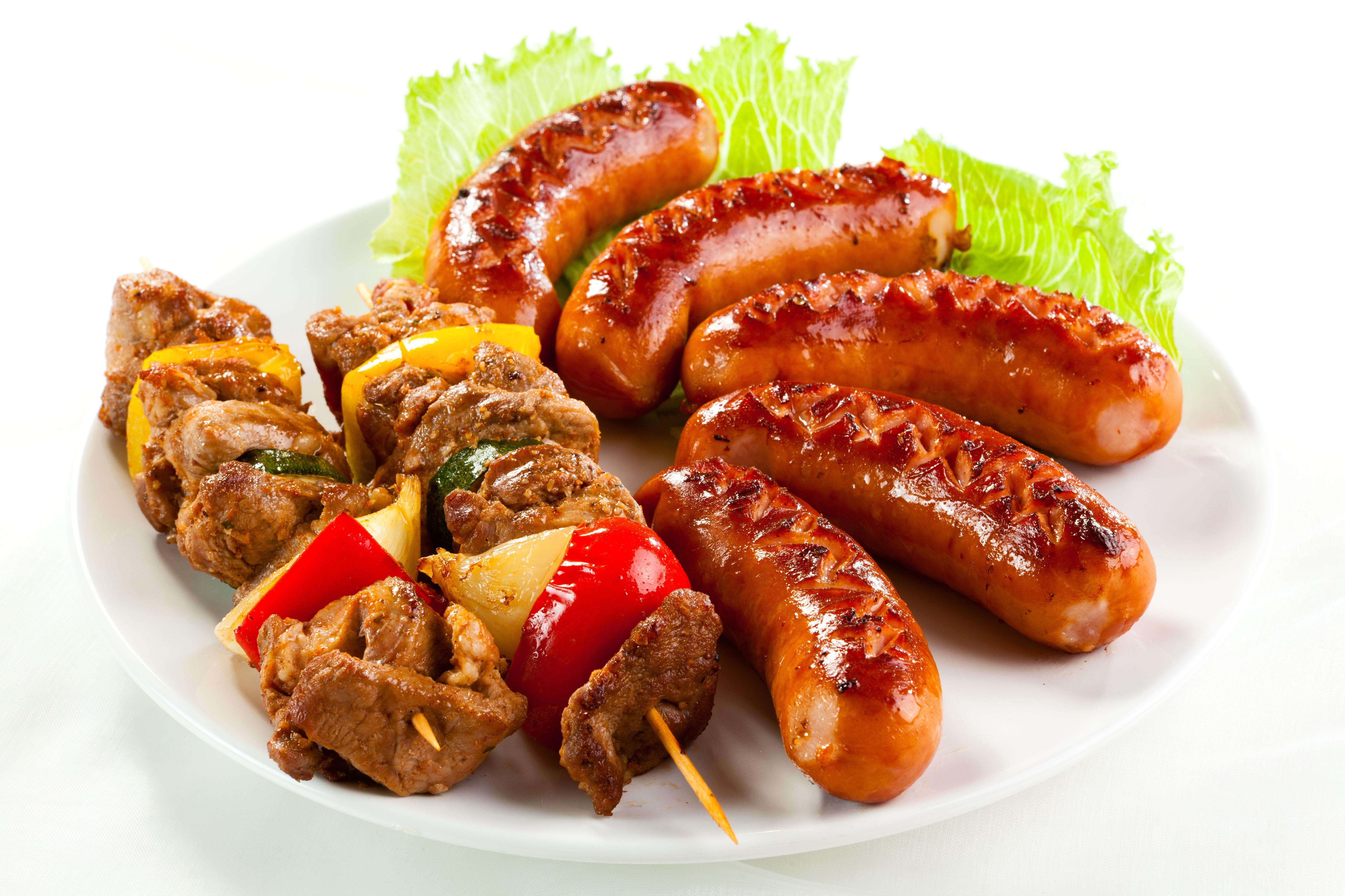 5616x3744 Meat products Shashlik Vienna sausage Vegetables White background