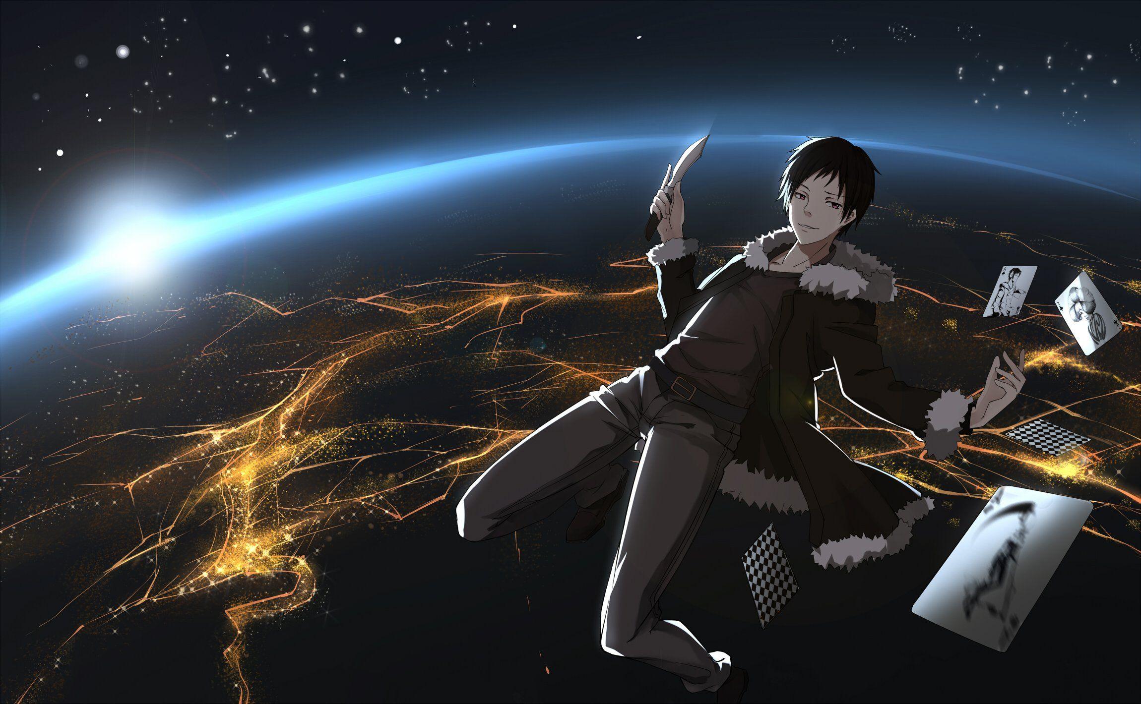 2300x1420 Black hair brown eyes durarara!! knife night orihara izaya sky