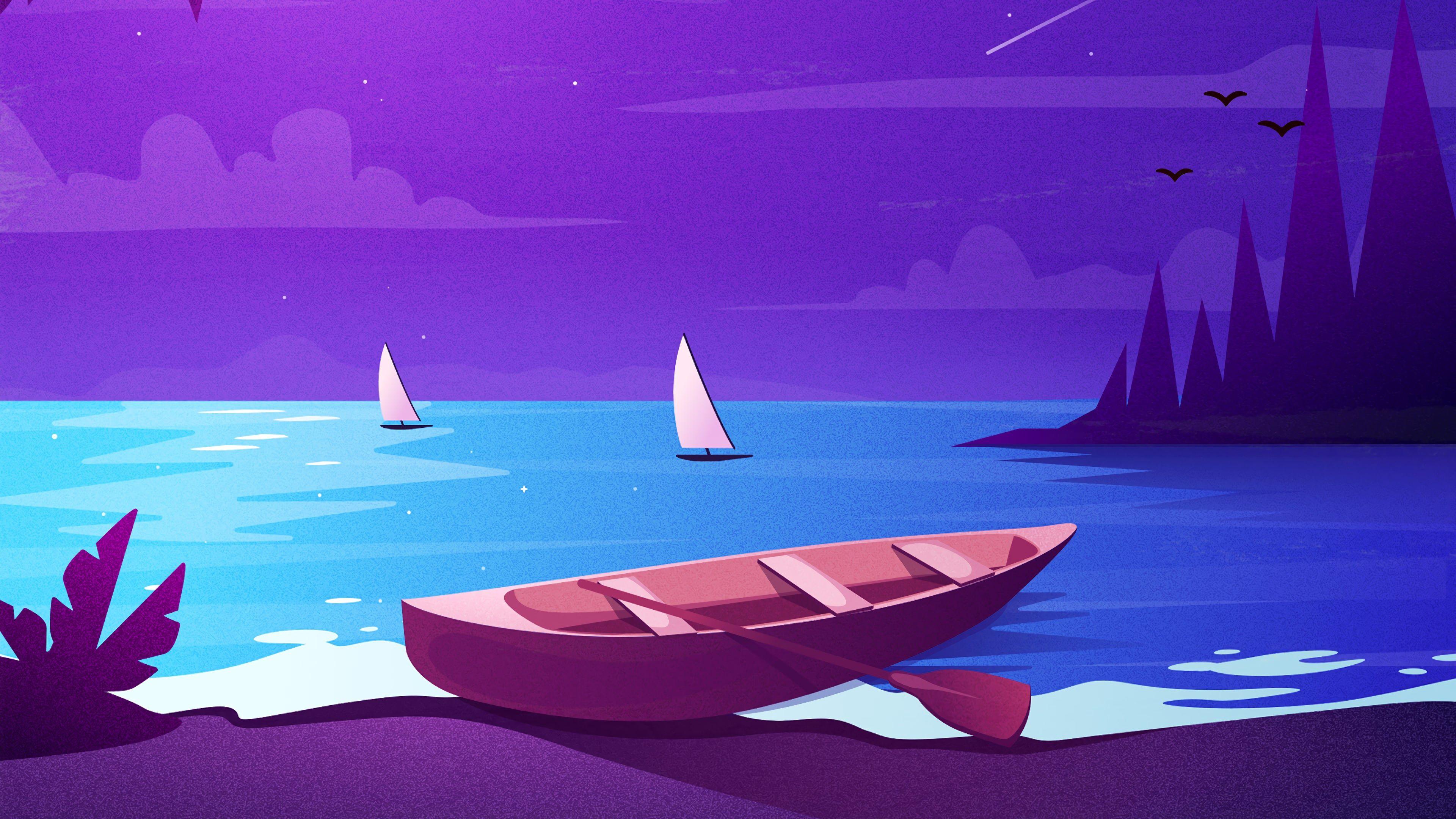 3840x2160 Night Scenery Boat Sea Landscape Minimalist Minimalism 4K