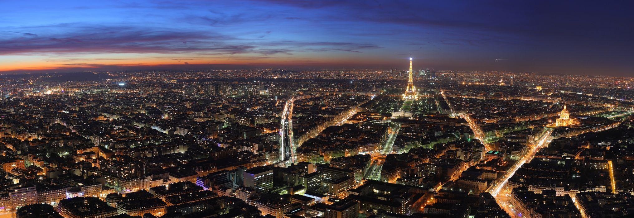 2033x700 Multi Monitor Dual Screen france paris eiffel tower monument dusk