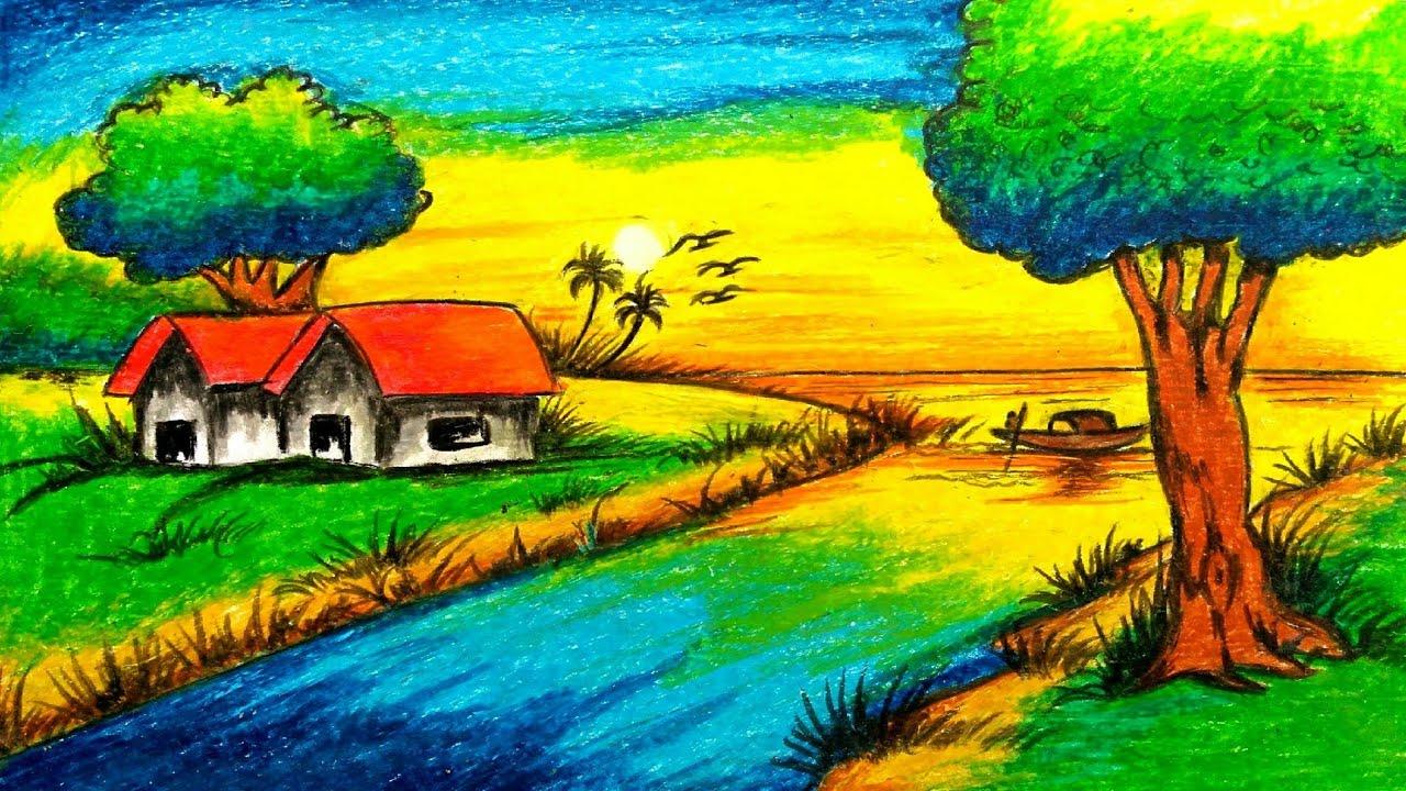 1280x720 New For Easy Sunset Simple Oil Pastel Scenery Drawing