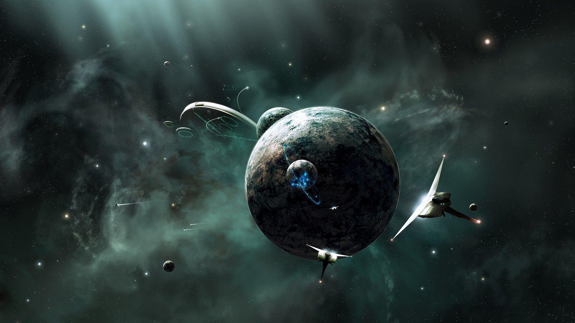 1920x1080 space, Universe, Digital Art, CGI, Planet, Spaceship, Stars, 3D