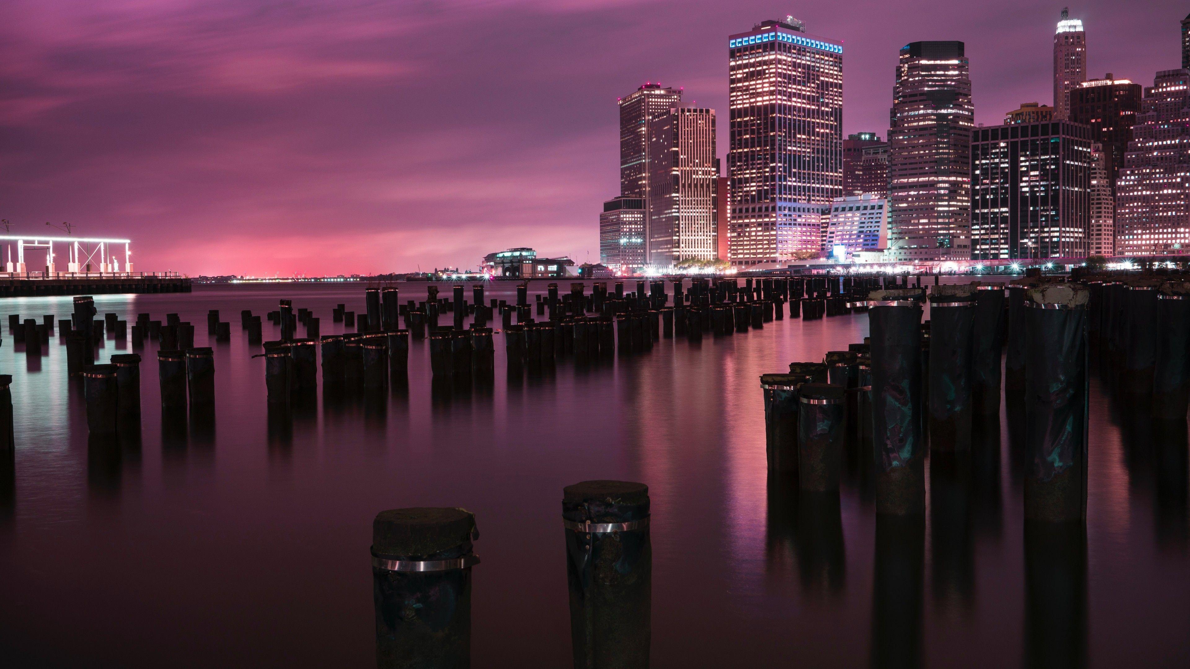 3840x2160 Wallpaper Brooklyn Bridge Park, River, Reflections, New York City