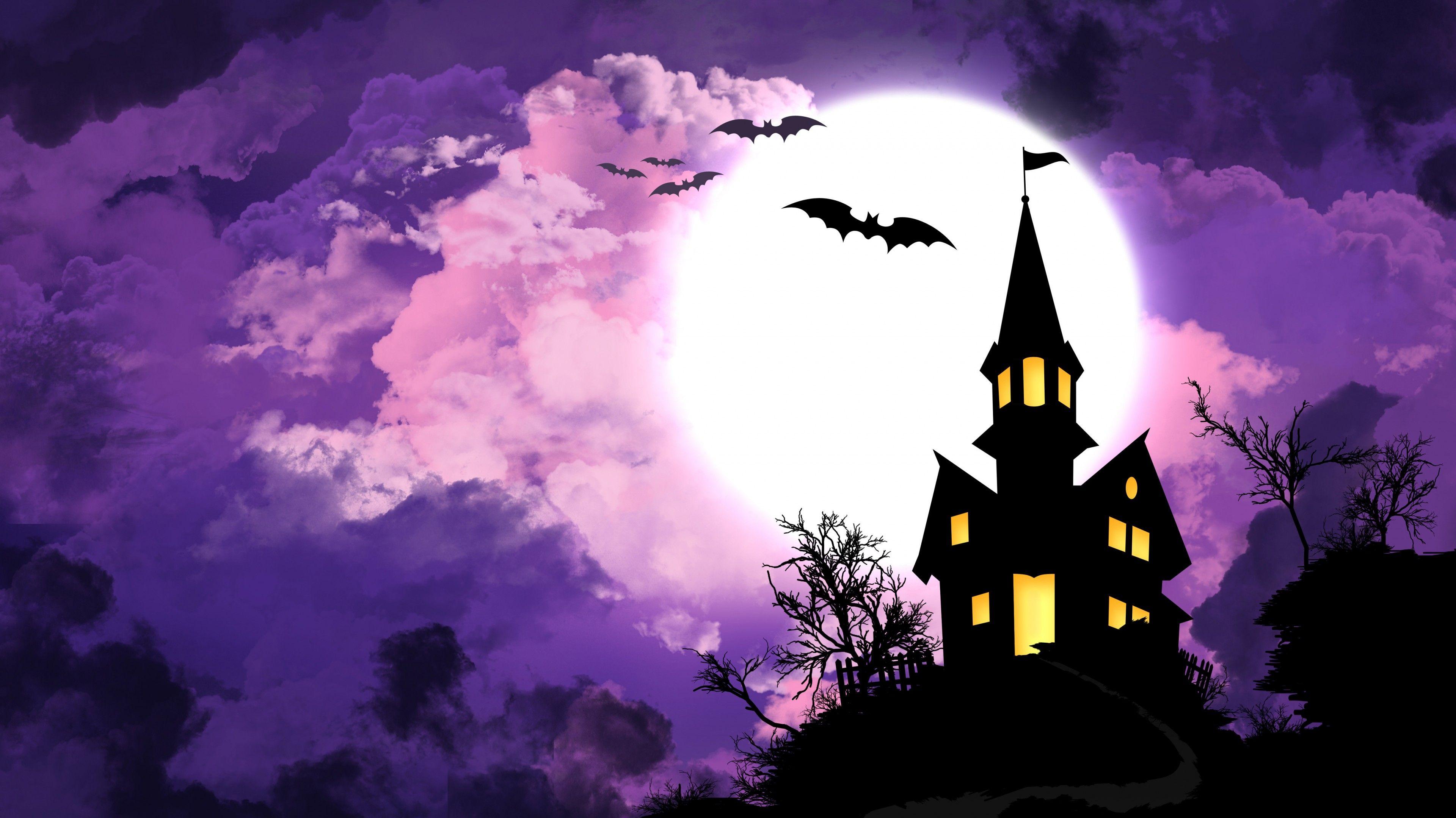 3840x2160 Wallpaper Haunted House, Bats, Moon, HD, 4K, Celebrations